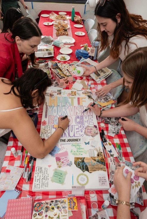 Overhead view of a vision board workshop at Lucy's studio