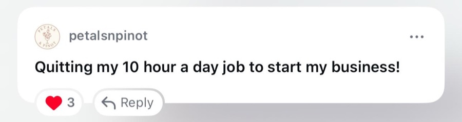 Comment from petalsnpinot: Quitting my 10 hour a day job to start my business!