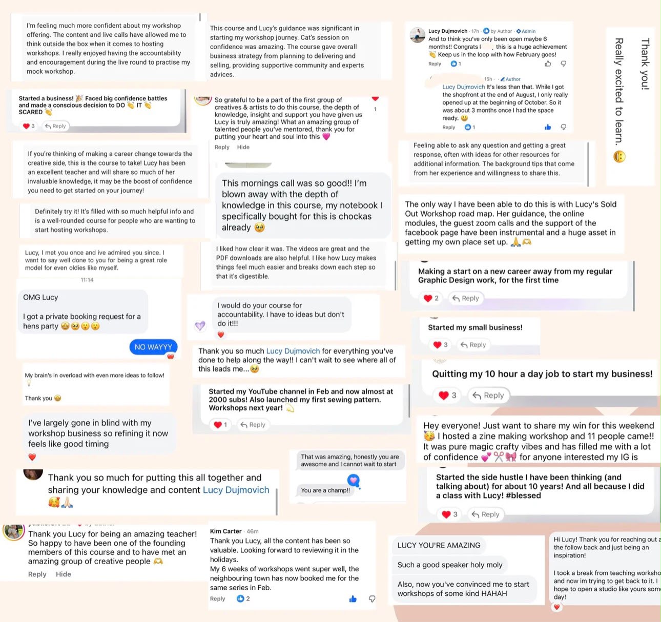 A collage of messages and comments from members of Lucy's Sold Out Workshop community sharing their wins